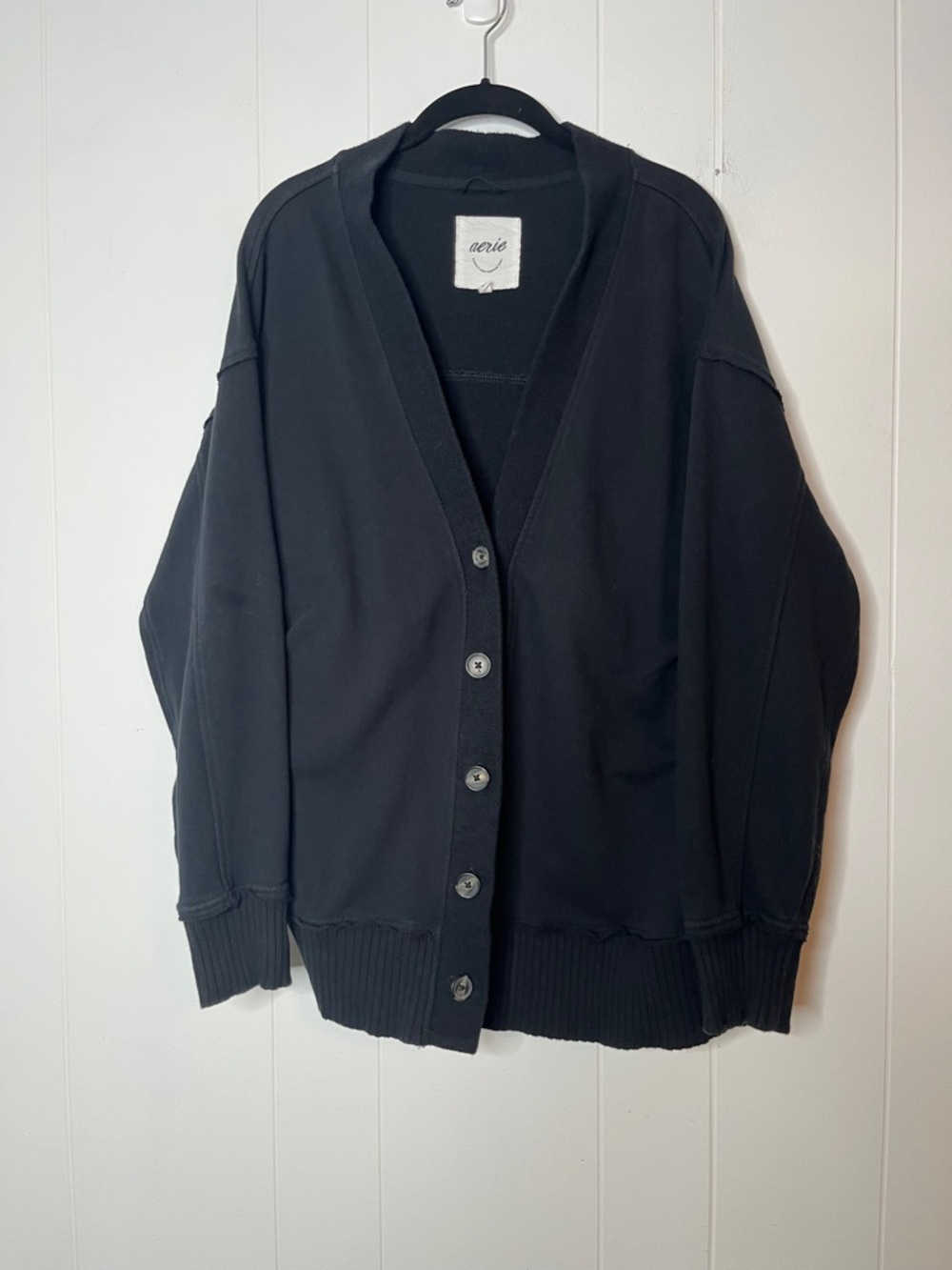 aerie Black Button-Up Sweatshirt Knit Cardigan Size M Oversized